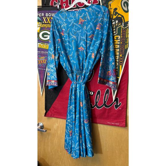 VINTAGE 70s Montgomery Ward Wrap Dress Womens Blue Floral Tie Waist Boho Medium - Picture 6 of 8